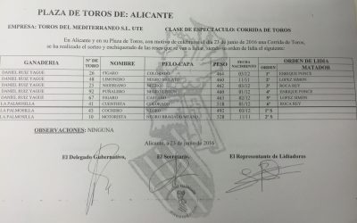Sorteo y Orden de lidia para el 23 de junio en Alicante